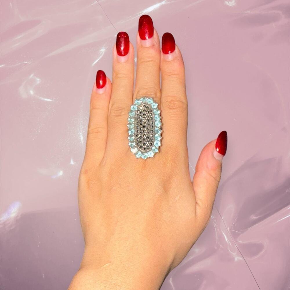 Vintage whimsy 925 Sterling Silver oval blue gems marcasite ring statement boho